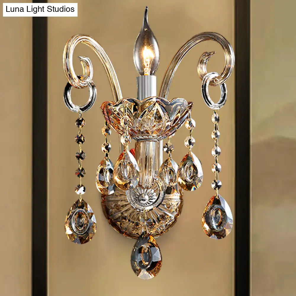 Modern Amber Glass Candle Sconce Wall Light With Crystal Drip Accent - 1/2 Heads Bedroom Fixture