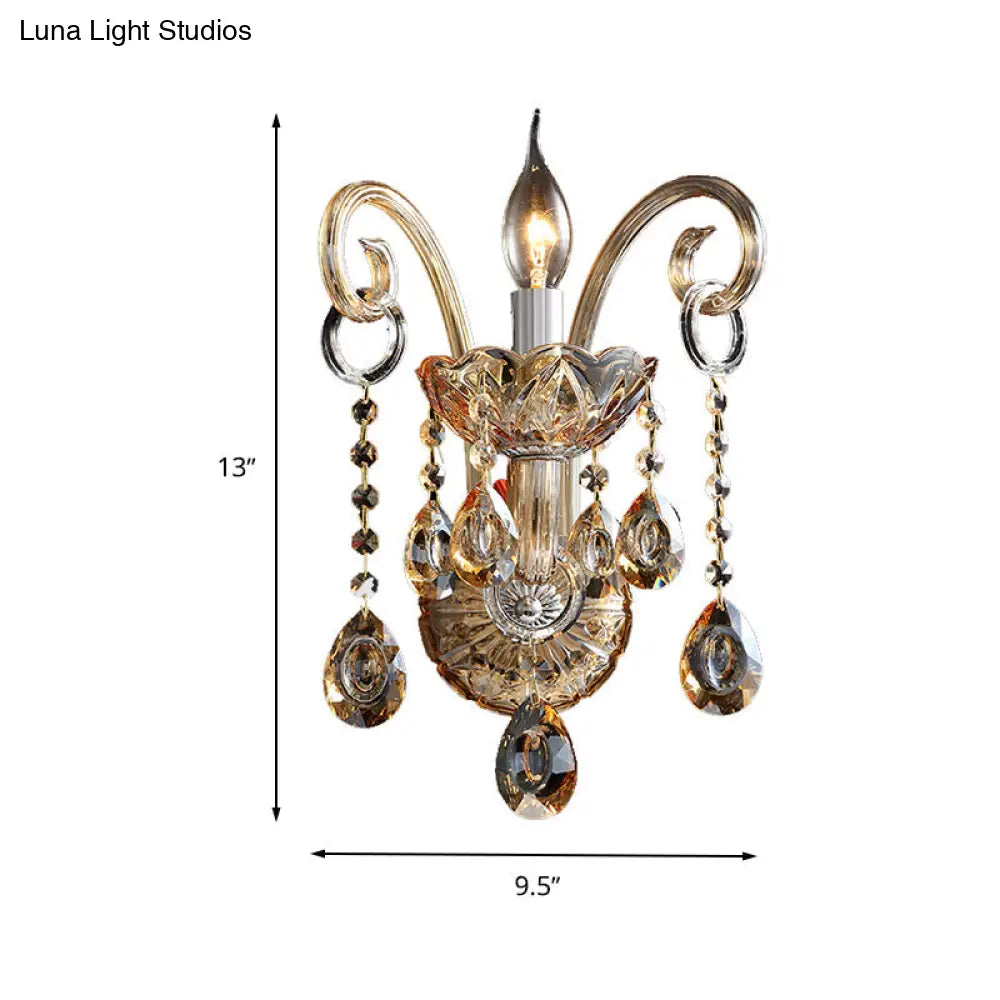 Modern Amber Glass Candle Sconce Wall Light With Crystal Drip Accent - 1/2 Heads Bedroom Fixture