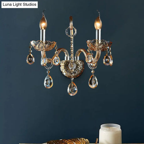 Modern Amber Glass Candle Sconce Wall Light With Crystal Drip Accent - 1/2 Heads Bedroom Fixture