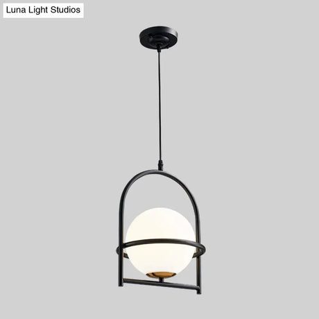 Modern Ball Suspension Light with Birdcage Design Opal Glass 1 Bulb 9’’/11’’ Wide Bedside Ceiling Fixture - Black/Gold