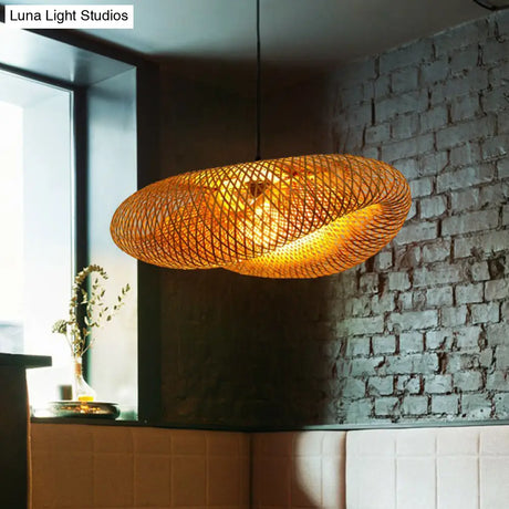 Modern Bamboo Hand-Worked Hanging Ceiling Light - Beige Pendant Lamp With 1 Bulb
