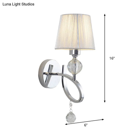 Modern Bedroom Wall Sconce: Cone Shade Fabric 1-Head Light With Clear Crystal Ball Deco - Silver