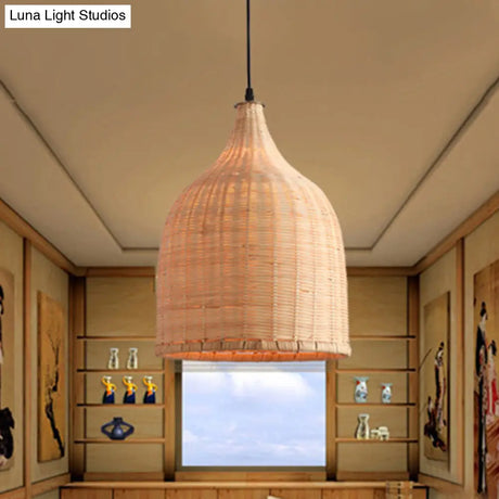 Modern Beige Bamboo Pendant Lamp - 11’/14’/18’ W 1 Light Living Room Ceiling Hanging Fixture