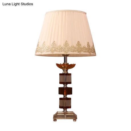 Modern Beige Bedroom Nightstand Lamp With Crystal Rectangle-Cut Design