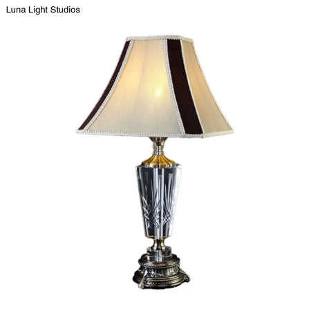 Modern Beige Fabric Bell Table Lamp With Sculpted Bronze Metallic Base