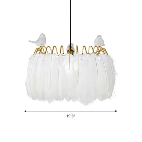 Modern Bird Fabric Drum Pendant With 1 Light For Bedroom