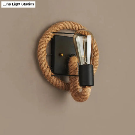 Modern Black 1-Light Rope Wall Sconce For Corridor With Exposed Bulb
