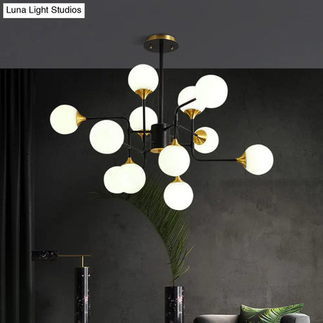 Modern Black And Gold Branch Hanging Lamp With Milky Ball Glass Chandelier Light Fixture -