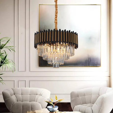Modern Black And Gold Conic Pendant Chandelier With Crystal Block Shade - Simplicity 6/12-Bulb