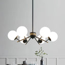 Modern Black Ball Chandelier With 6 Bulbs & White Frosted Glass Pendulum
