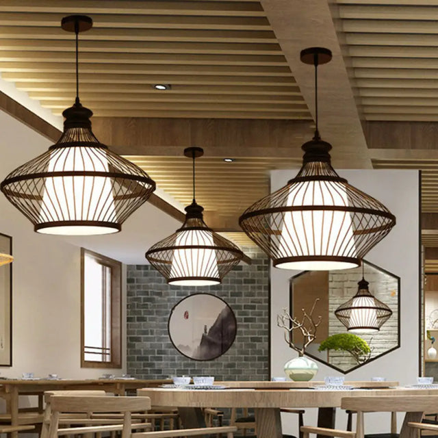 Modern Black Bamboo Pendant Light With Asia-Inspired Pear Shape For Table