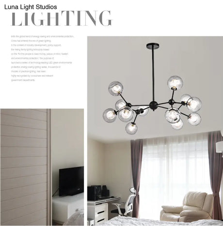 Modern Black Branch Chandelier - Clear Glass Shade Ceiling Light For Living Room