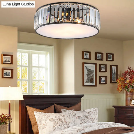 Modern Black/Bronze Flush Mount Bedroom Drum Light With Crystal Block - 12.5’/16.5’ Width