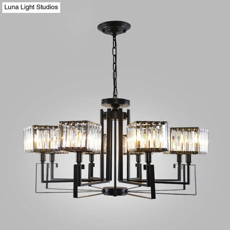 Modern Black Crystal Chandelier With Crooked Metal Frame - 6/8 Heads Clear Cubic Shades
