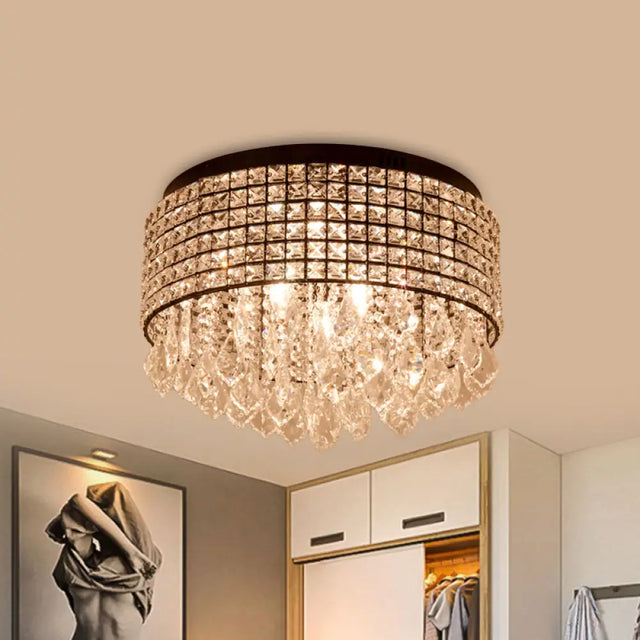 Modern Black Crystal Flushmount Lamp With 5 Embedded Heads And Droplet Design