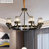 Modern Black Crystal Pendant Lighting Chandelier with Clear Cylinder Shade - 6/8 Heads for Great Rooms