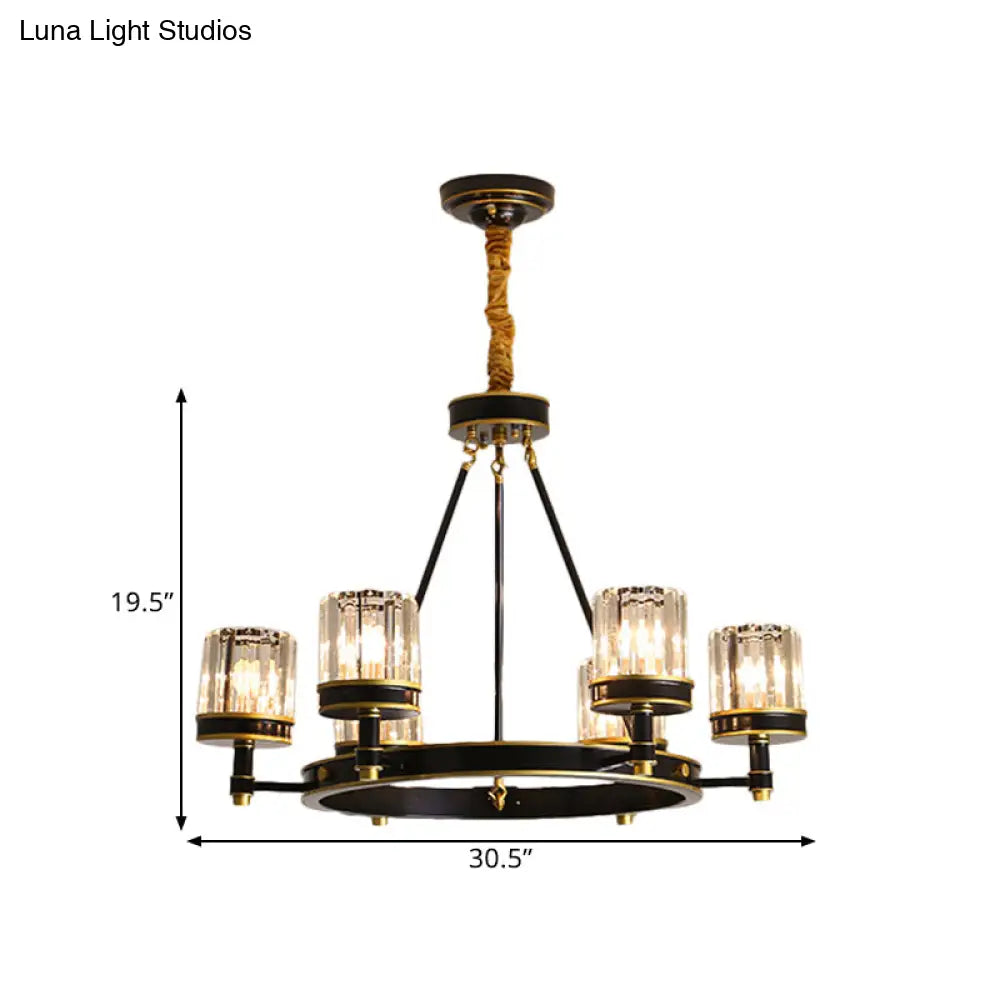 Modern Black Crystal Pendant Lighting Chandelier with Clear Cylinder Shade - 6/8 Heads for Great Rooms