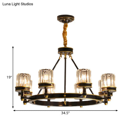 Modern Black Crystal Pendant Lighting Chandelier with Clear Cylinder Shade - 6/8 Heads for Great Rooms