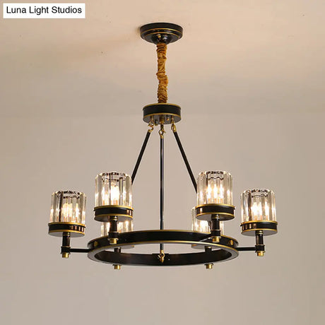 Modern Black Crystal Pendant Lighting Chandelier with Clear Cylinder Shade - 6/8 Heads for Great Rooms