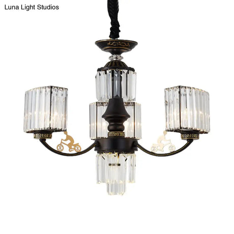 Modern Black Cuboid Chandelier With Clear Crystal Shades - 3/6 Heads Ceiling Light Fixture