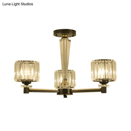 Modern Black Flush Light Fixture With Clear Crystal Blocks And 3 Bulbs