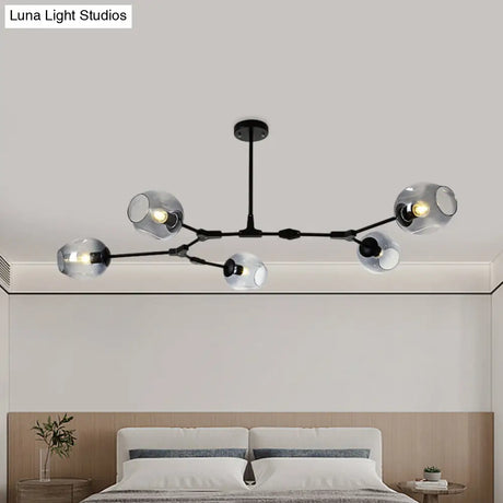Modern Black/Gold Branch Chandelier Lamp - 5/6 Lights Smoke Gray/Tan Glass Dining Room Lighting