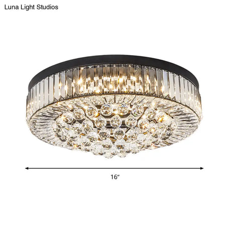 Modern Black Led Crystal Block Drum Ceiling Light Stepless Dimming 3 Color + Remote Control