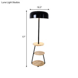 Modern Black Metal Floor Lamp With Wood Shelves - 2 Bulb Bowl Shade Light