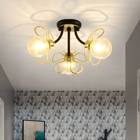 Modern Black Metal Floral Flush Mount With Clear Glass Shade - 3 Lights
