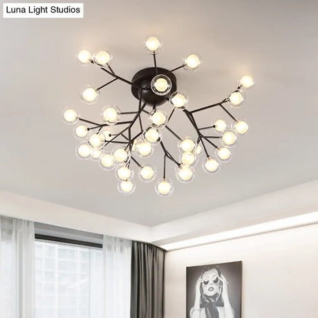 Modern Black Metal Glass Twig Semi Ceiling Mount Bedroom Lamp