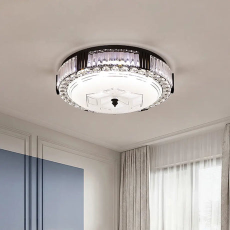 Modern Black Metal Led Flush Mount Bedroom Lamp With Crystal Accent / C