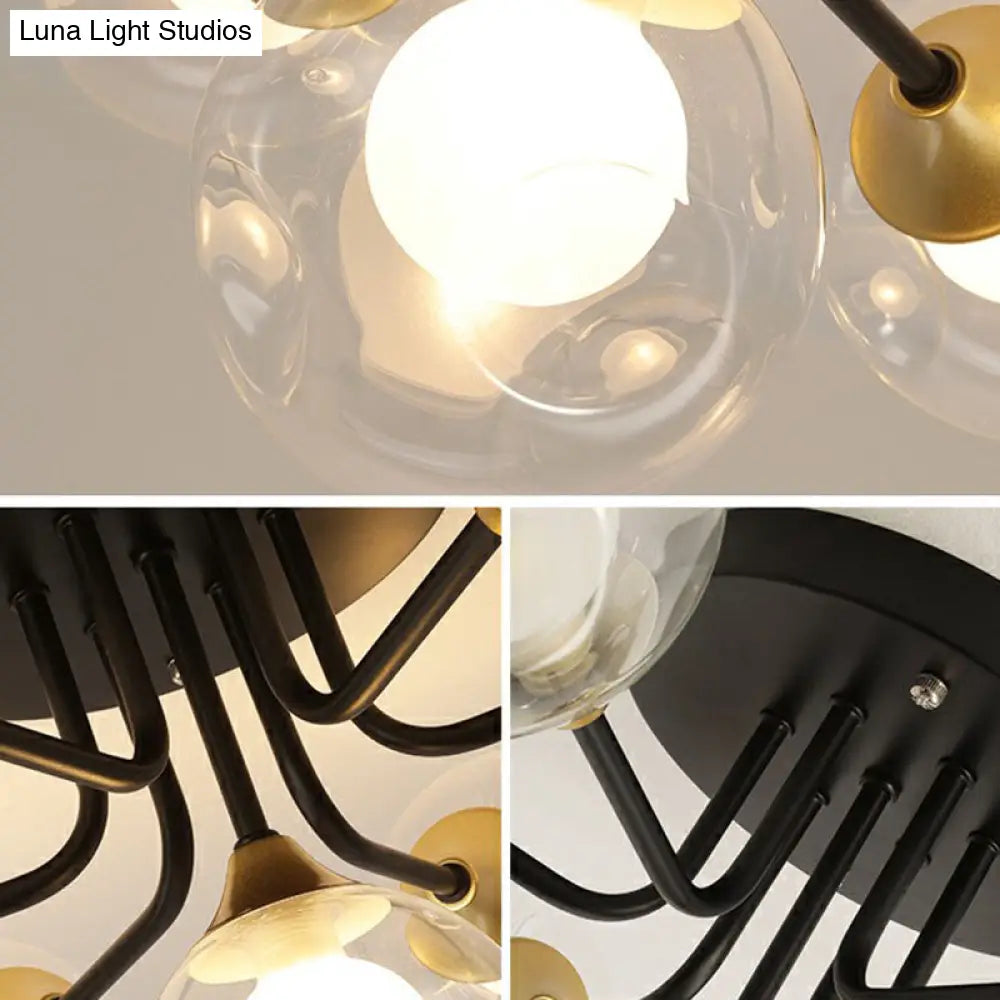 Modern Black Semi - Flush Mount Ceiling Light With Clear And Frosted White Glass Ball - Ideal For