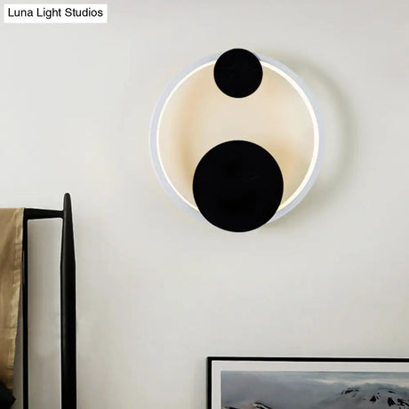 Modern Black & White Acrylic Led Wall Sconce With Halo Shape For Bedside In White/Warm Light