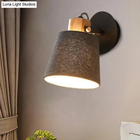 Modern Black Wood Wall Lamp With Barrel Fabric Shade - Mounted