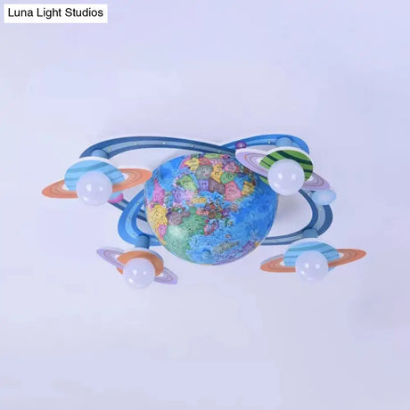 Modern Blue Wood Globe Ceiling Mount Light With Four Heads - Perfect For Baby Bedroom