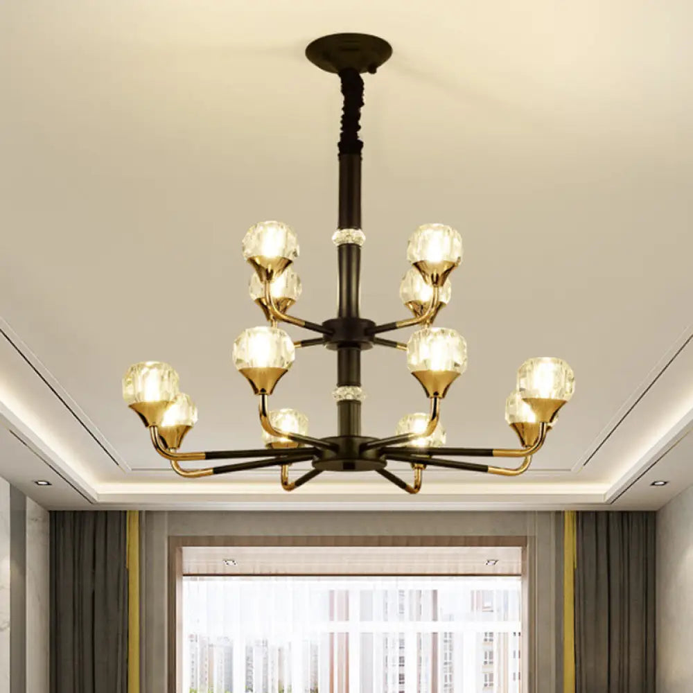 Modern Branching Crystal Ball Chandelier | 6/8/12 Head Suspension Light in Black-Gold 12 / Black-Gold