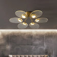 Modern Brass Ceiling Lamp With 6 Heads And Leaf Acrylic Shade