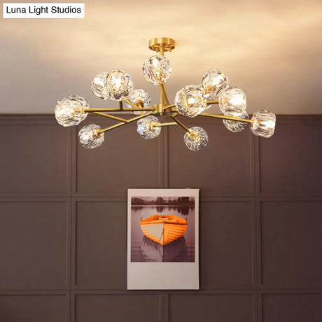 Modern Brass Chandelier With Crystal Ball Shade - Tree Branch Pendant Light