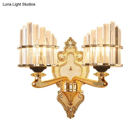 Modern Brass Crystal Block Wall Light Sconce With Carved Backplate