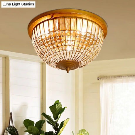 Modern Brass Flush Mount With Crystal Dome Shade - 3 Light Hallway Ceiling Fixture 14’/18’ Wide