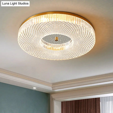 Modern Brass Led Flush Mount Ceiling Light With Crystal Lattice Detail - Minimalist Bedroom Fixture