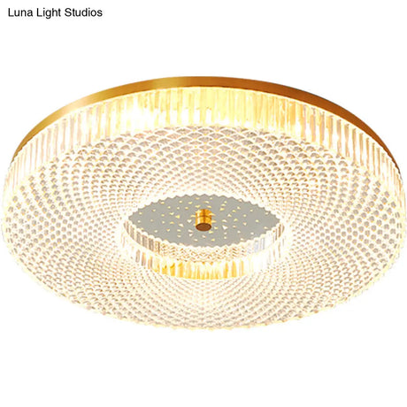 Modern Brass Led Flush Mount Ceiling Light With Crystal Lattice Detail - Minimalist Bedroom Fixture