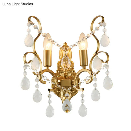 Modern Brass Wall Sconce With Teardrop Crystal - Flush Mount 1/2 Lights