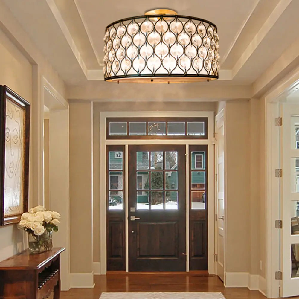 Modern Chicken Wire Iron Frame Semi Flush Light With Crystal Shell - 3 Lights Bronze Ceiling