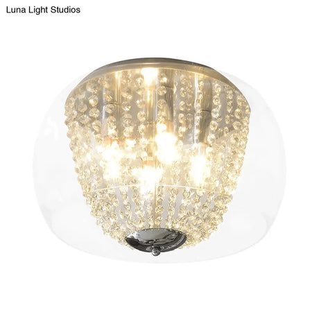 Modern Chrome Ceiling Lamp With Clear Crystal Beaded Strand And 4 Bulbs - Flush Mount Light