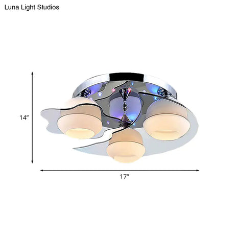 Modern Chrome Floral Flushmount Ceiling Light With Crystal Ball Drop - White Glass 3/5-Head Ideal