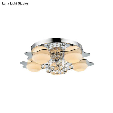 Modern Chrome Floral Flushmount Ceiling Light With Crystal Ball Drop - White Glass 3/5-Head Ideal