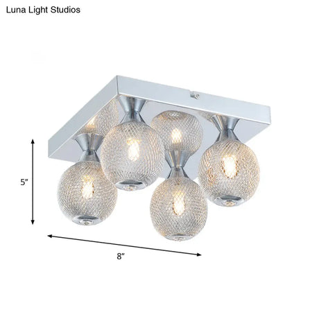 Modern Chrome Flushmount Globe Light With Metal Mesh & Led Illumination - 4 Bulbs