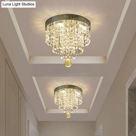 Modern Chrome Led Crystal Flush Mount Fixture With Cascading Corridor Lighting