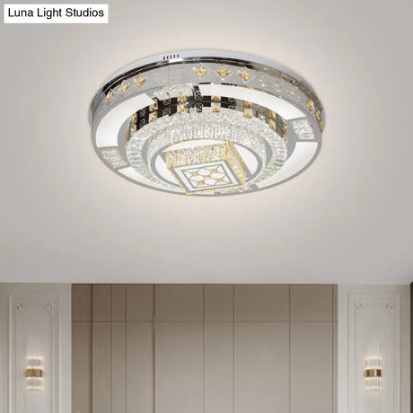 Modern Chrome Led Round Flush Mount Crystal Ceiling Light In Warm/White 19.5’/31.5’ Wide